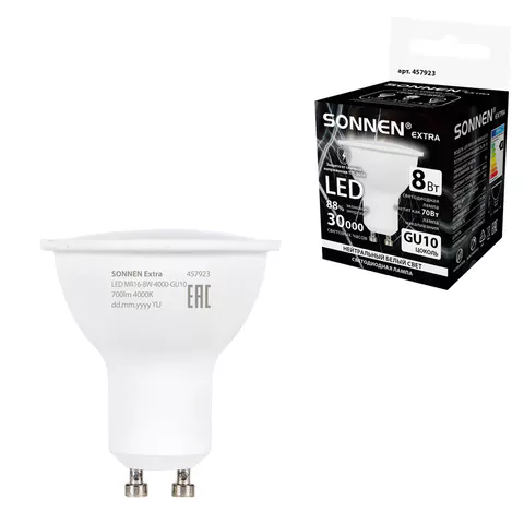 Лампа светодиодная SONNEN EXTRA, 8 (70) Вт, GU10, софит, нейтральный белый, 30000 ч, LED MR16-GU10-8W-4000, 457923