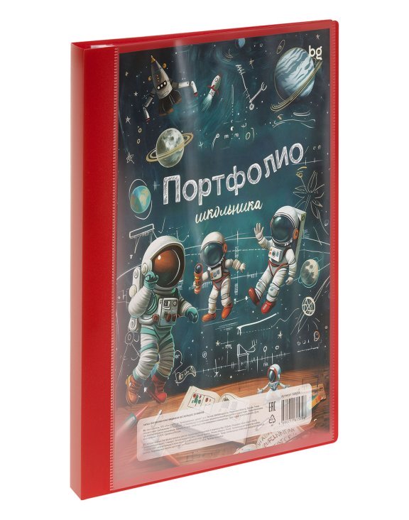 Папка-портфолио пластиковая А4 BG, на 2 кольцах для школьника "Космонавты", 20 файлов
